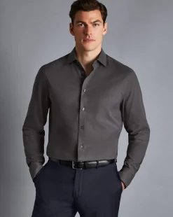 Clearance Charles Tyrwhitt Semi-Spread Collar Non-Iron Stretch Texture Shirt - Charcoal Grey