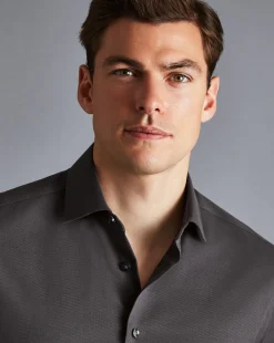Clearance Charles Tyrwhitt Semi-Spread Collar Non-Iron Stretch Texture Shirt - Charcoal Grey
