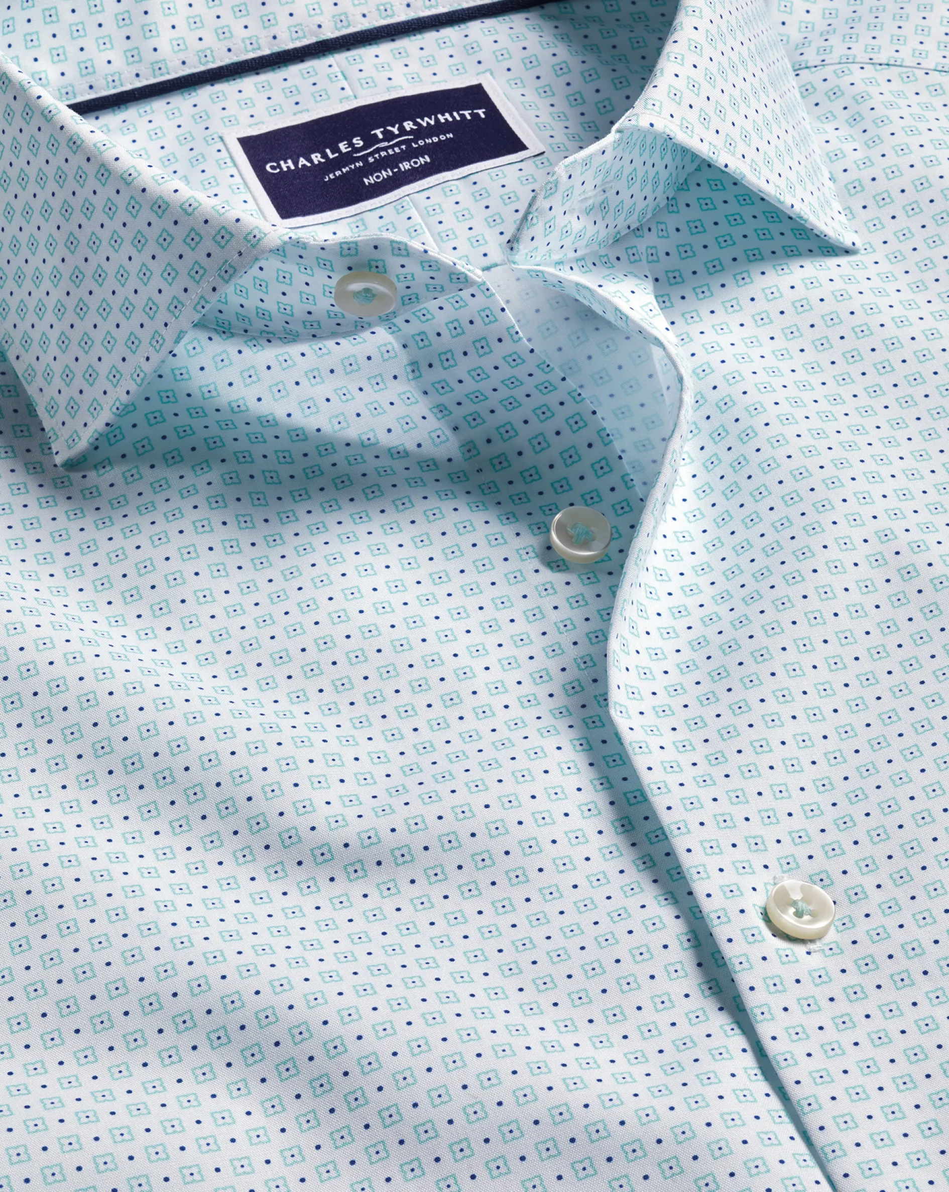 Online Charles Tyrwhitt Semi-Spread Collar Non-Iron Green Motif Print Shirt - Green Aqua