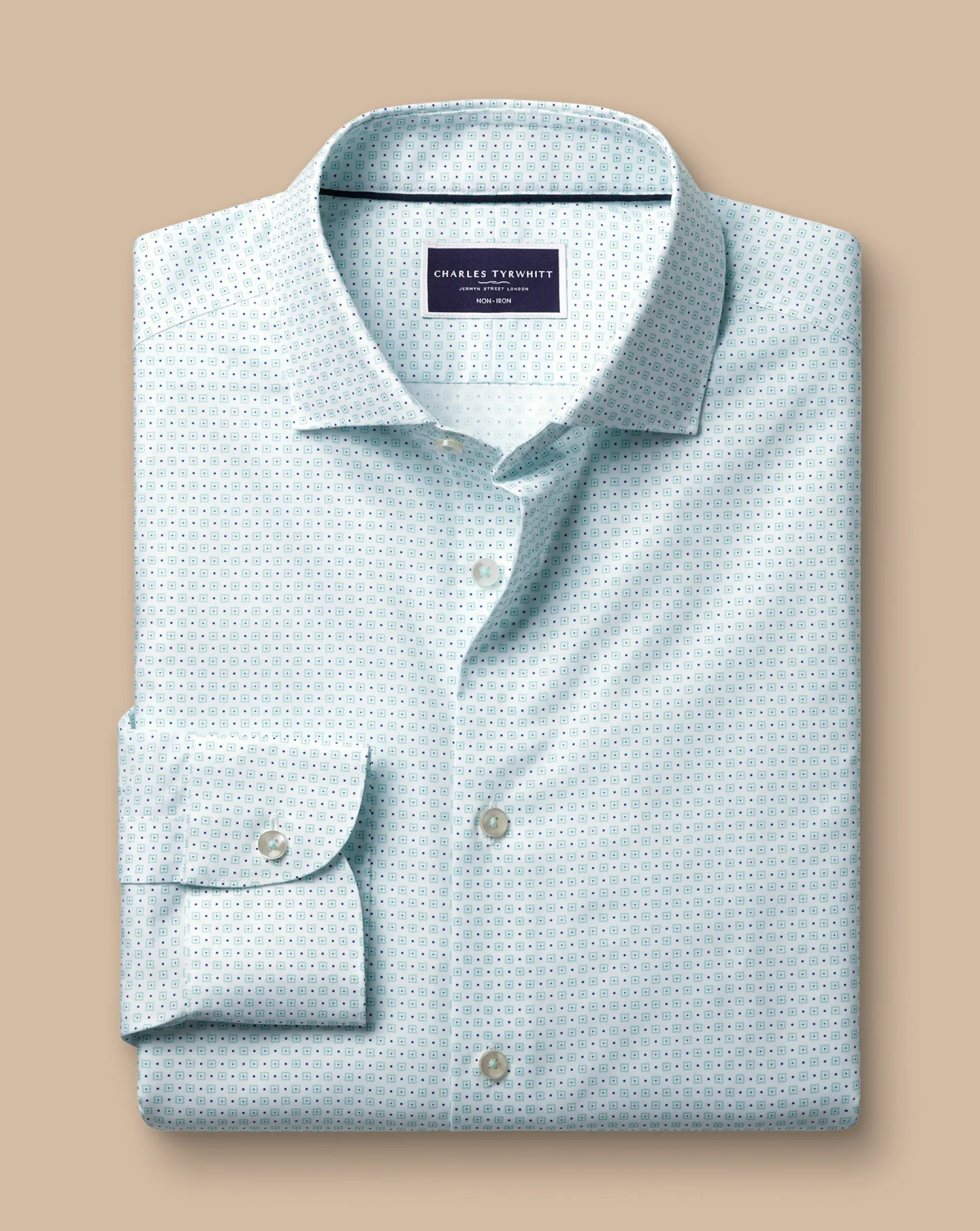 Online Charles Tyrwhitt Semi-Spread Collar Non-Iron Green Motif Print Shirt - Green Aqua