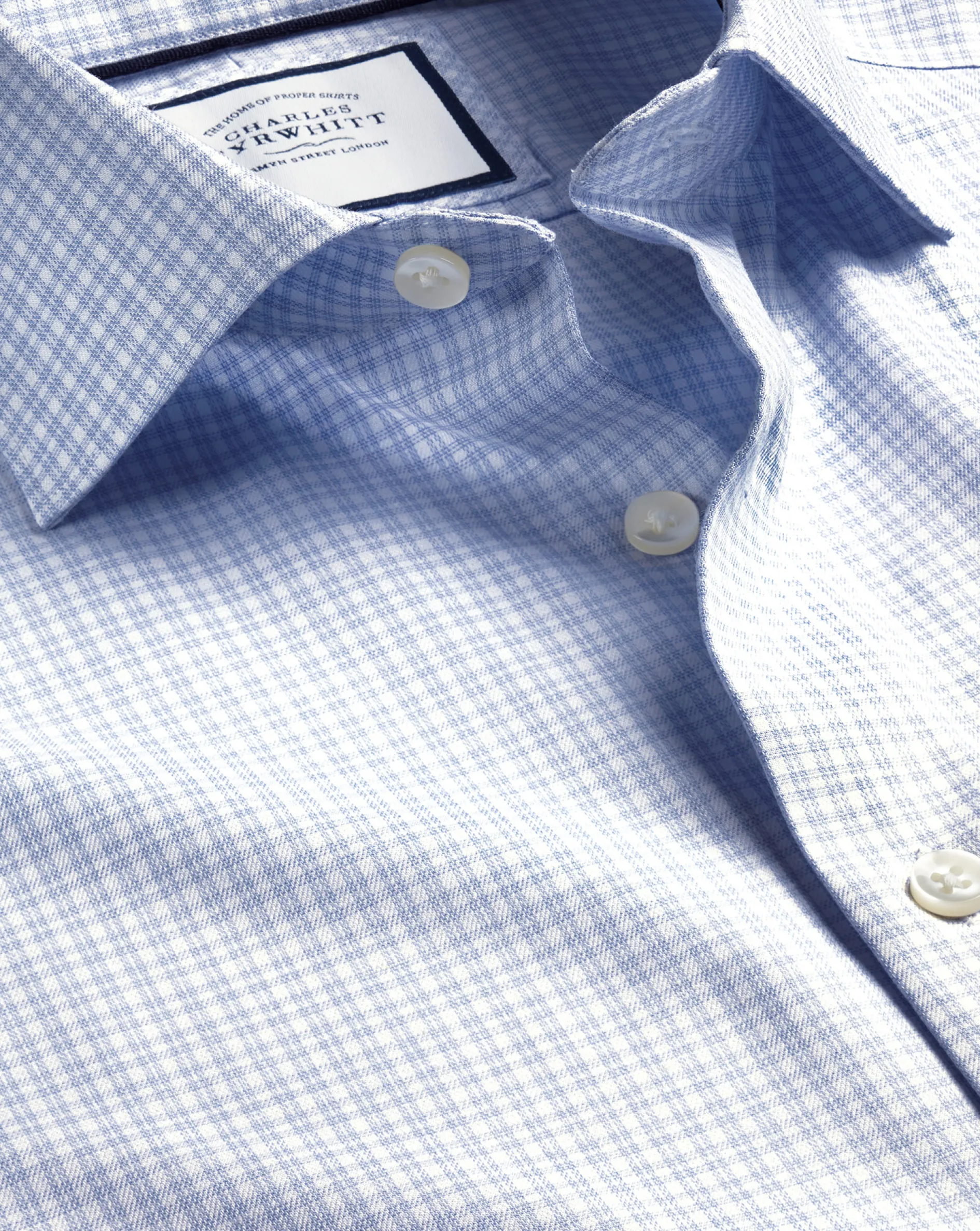 Flash Sale Charles Tyrwhitt Semi-Spread Collar Non-Iron Cotton Linen Check Shirt - Sky Blue