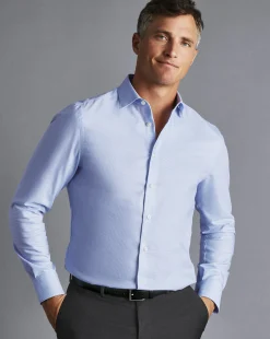 Flash Sale Charles Tyrwhitt Semi-Spread Collar Non-Iron Cotton Linen Check Shirt - Sky Blue
