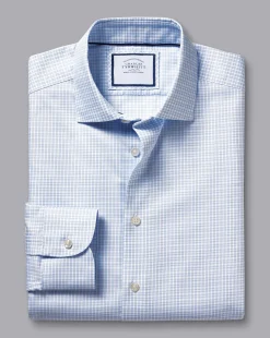 Flash Sale Charles Tyrwhitt Semi-Spread Collar Non-Iron Cotton Linen Check Shirt - Sky Blue