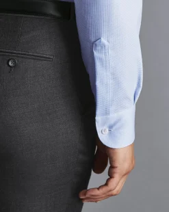 Flash Sale Charles Tyrwhitt Semi-Spread Collar Non-Iron Cotton Linen Check Shirt - Sky Blue