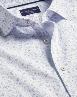 Outlet Charles Tyrwhitt Semi-Spread Collar Non-Iron Leaf Print Shirt - White & Blue White and Blue