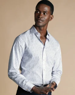 Outlet Charles Tyrwhitt Semi-Spread Collar Non-Iron Leaf Print Shirt - White & Blue White and Blue