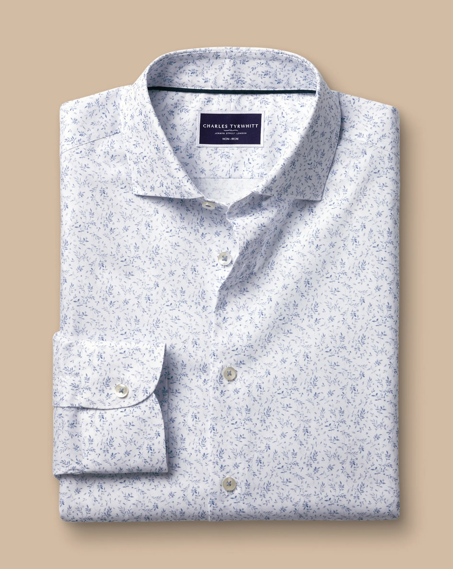 Outlet Charles Tyrwhitt Semi-Spread Collar Non-Iron Leaf Print Shirt - White & Blue White and Blue