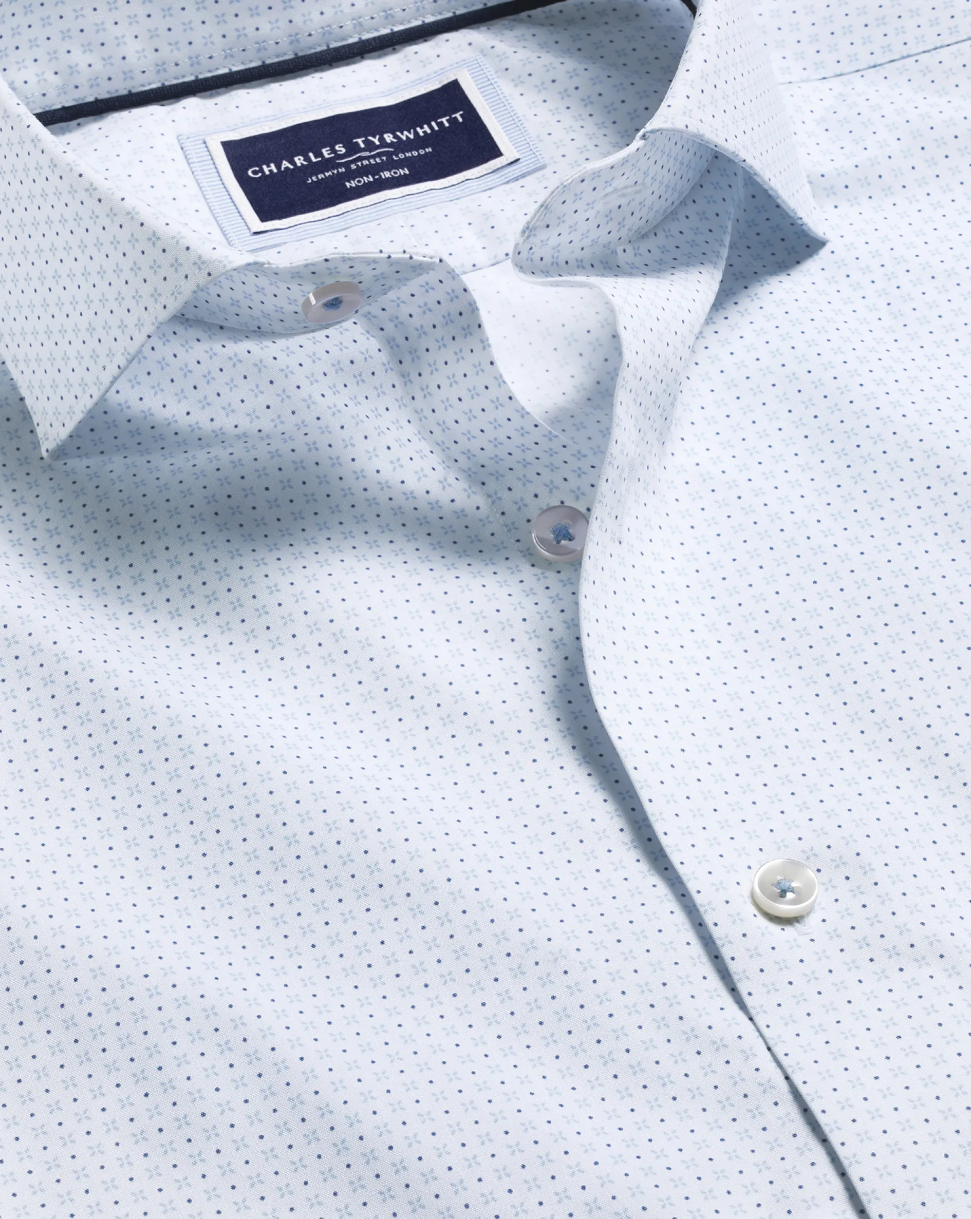 Shop Charles Tyrwhitt Semi-Spread Collar Petal Print Non-Iron Shirt - Light Blue