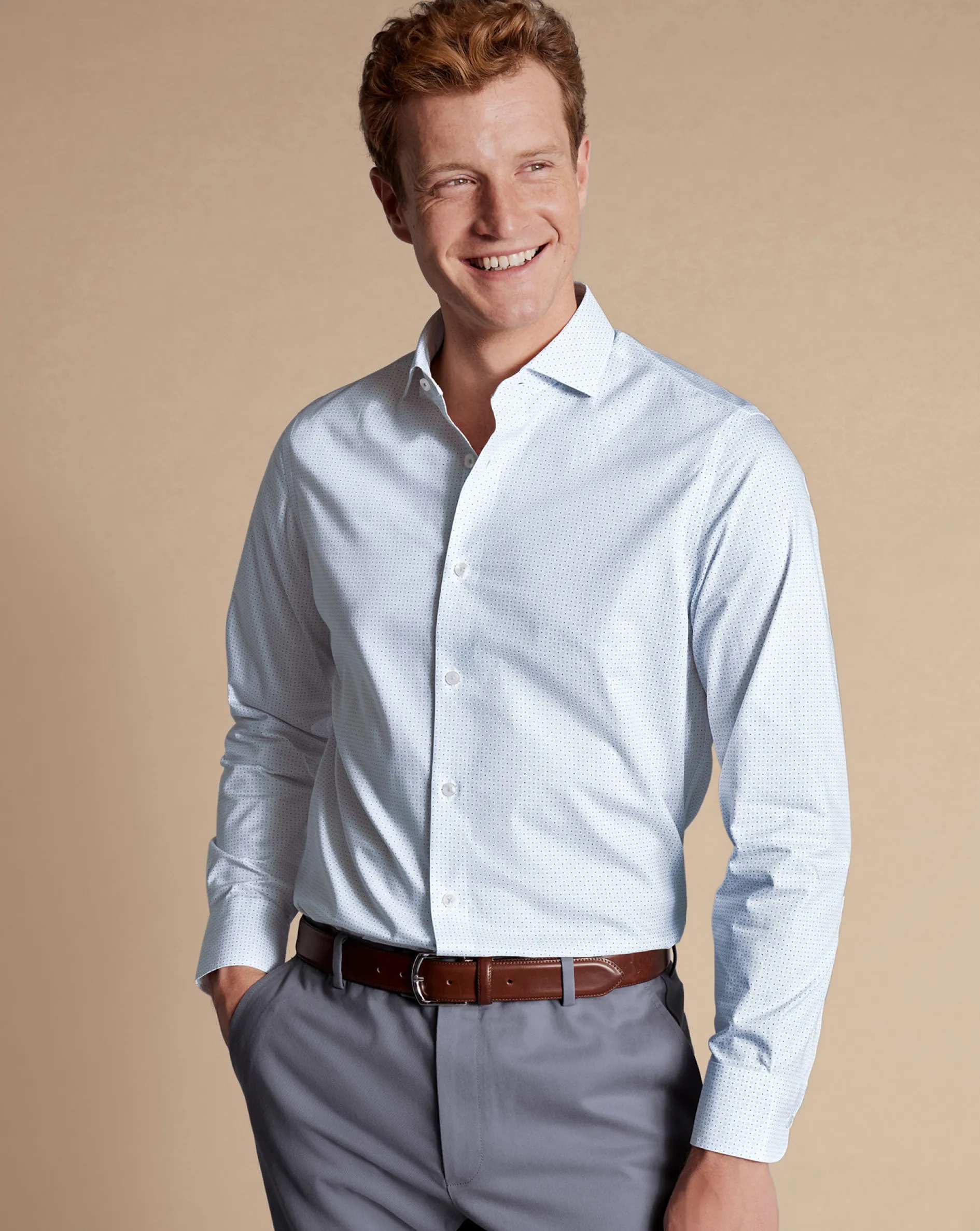 Shop Charles Tyrwhitt Semi-Spread Collar Petal Print Non-Iron Shirt - Light Blue