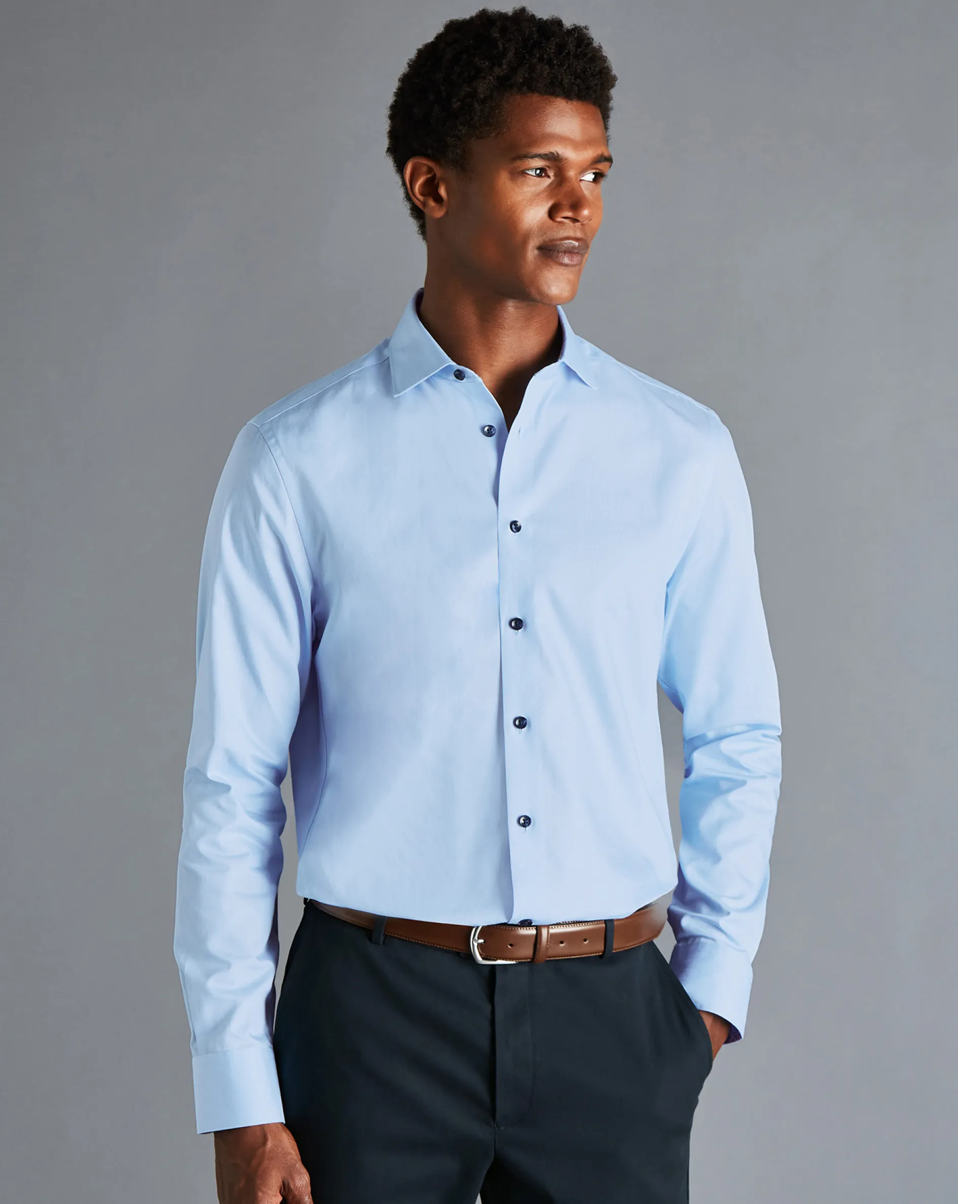 Online Charles Tyrwhitt Semi-Spread Collar Twill Printed Trim Shirt - Blue Sky