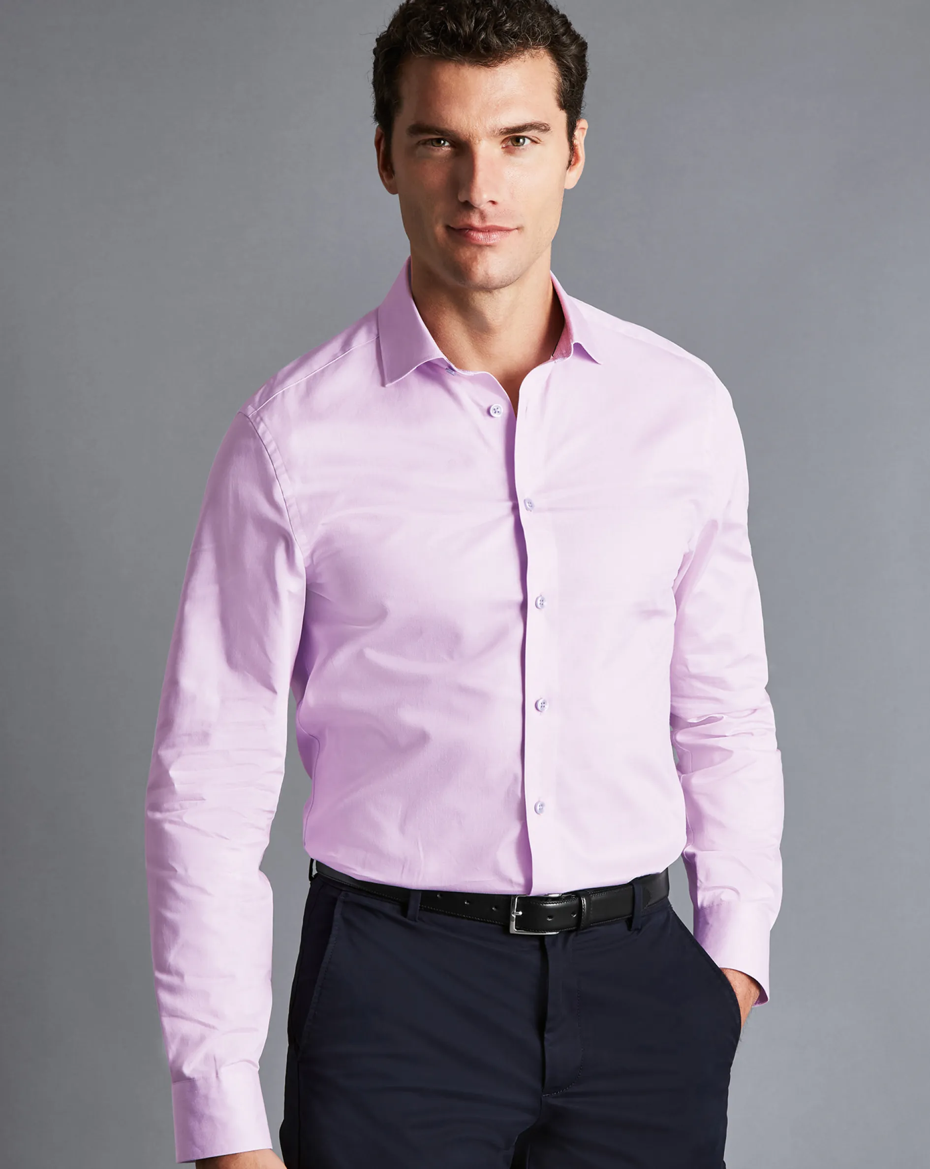 New Charles Tyrwhitt Semi-Spread Collar Twill Shirt with Printed Trim - Violet Purple