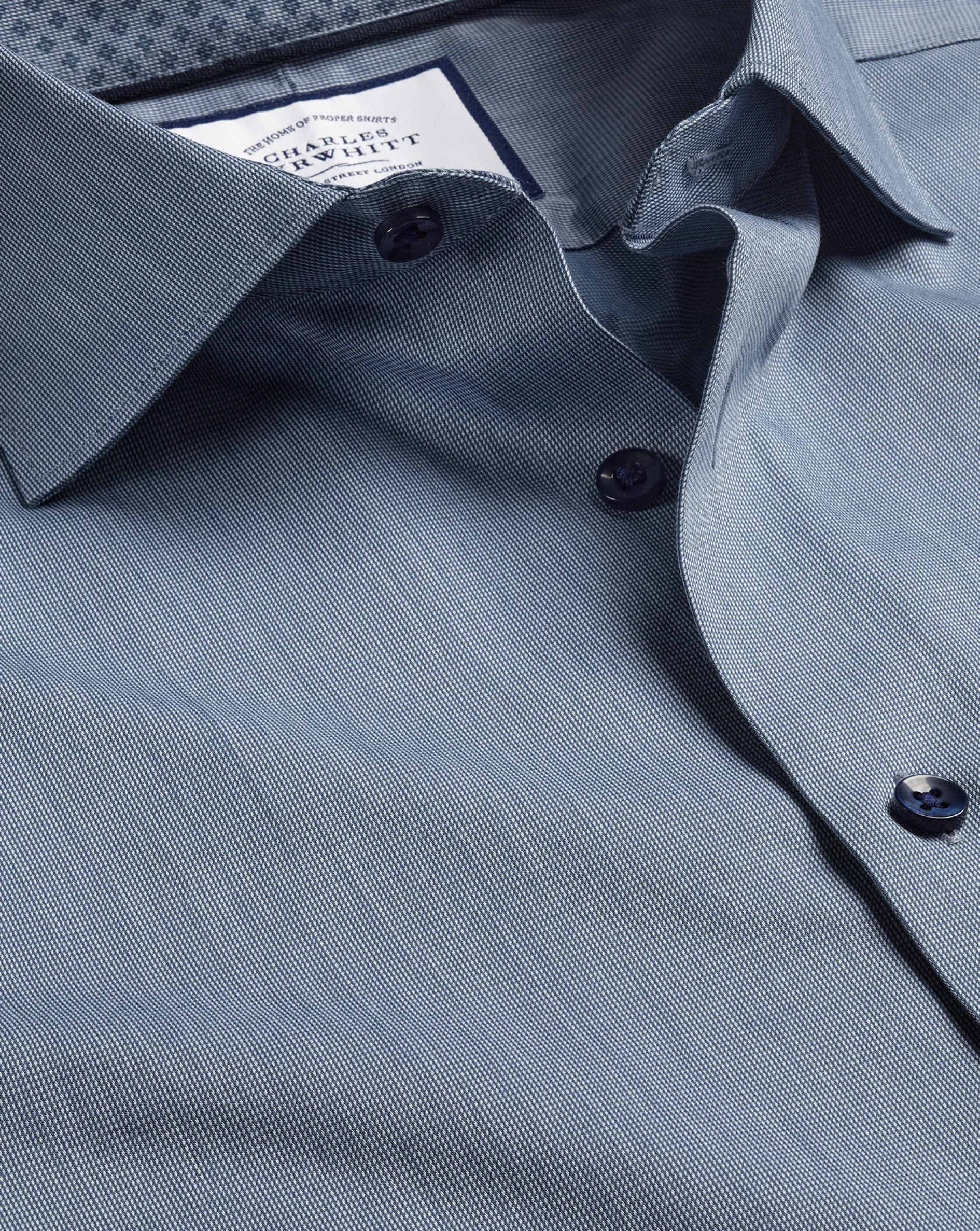 New Charles Tyrwhitt Semi-Spread Collar Twill Shirt with Printed Trim - Steel Blue