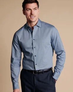 New Charles Tyrwhitt Semi-Spread Collar Twill Shirt with Printed Trim - Steel Blue