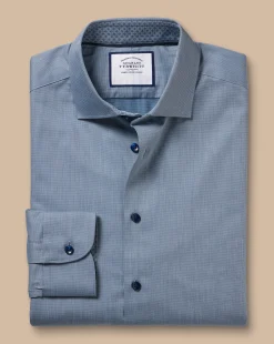 New Charles Tyrwhitt Semi-Spread Collar Twill Shirt with Printed Trim - Steel Blue