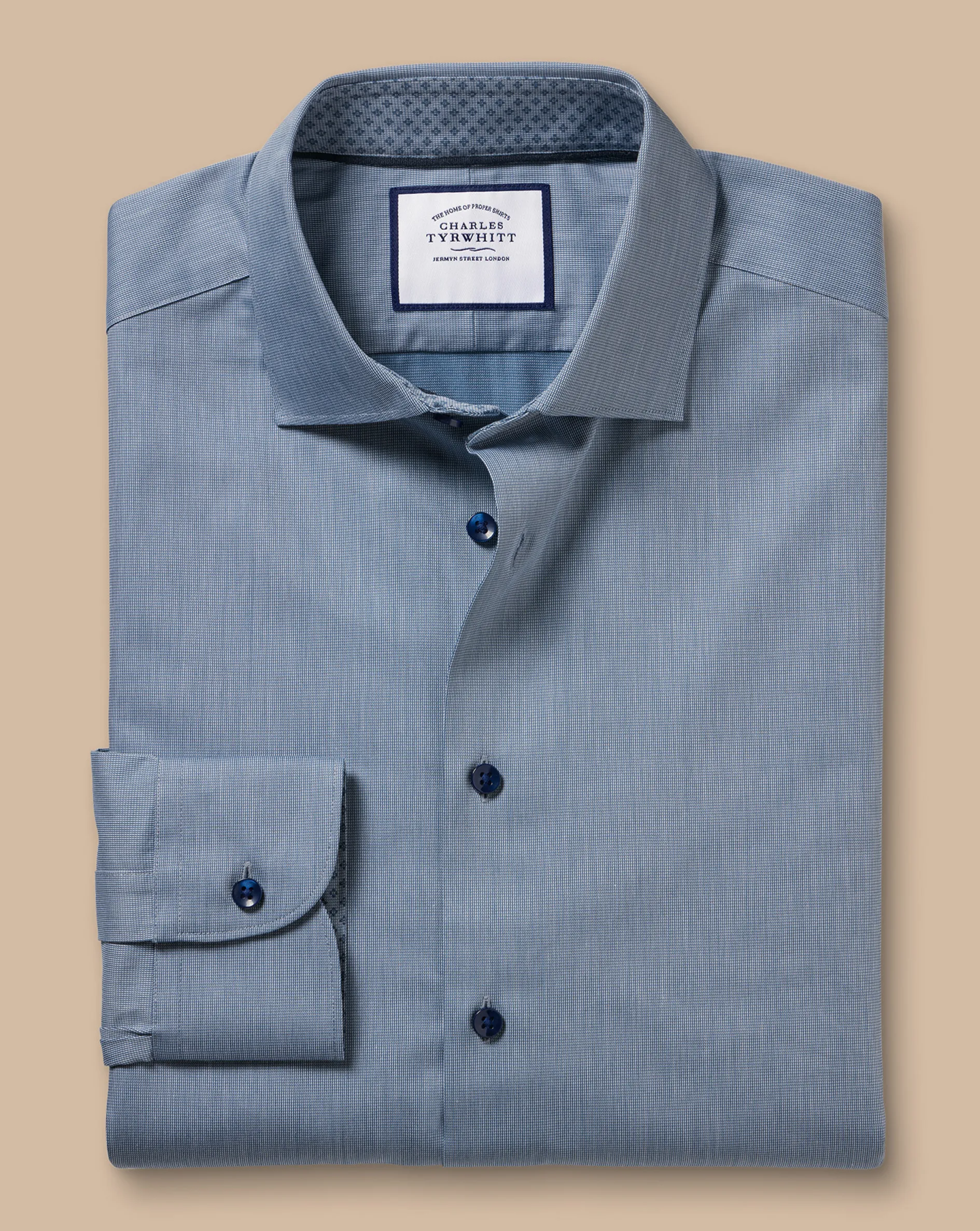 New Charles Tyrwhitt Semi-Spread Collar Twill Shirt with Printed Trim - Steel Blue