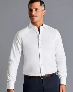 Clearance Charles Tyrwhitt Semi-Spread Collar Twill Shirt with Printed Trim - White