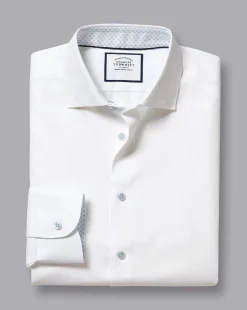 Clearance Charles Tyrwhitt Semi-Spread Collar Twill Shirt with Printed Trim - White