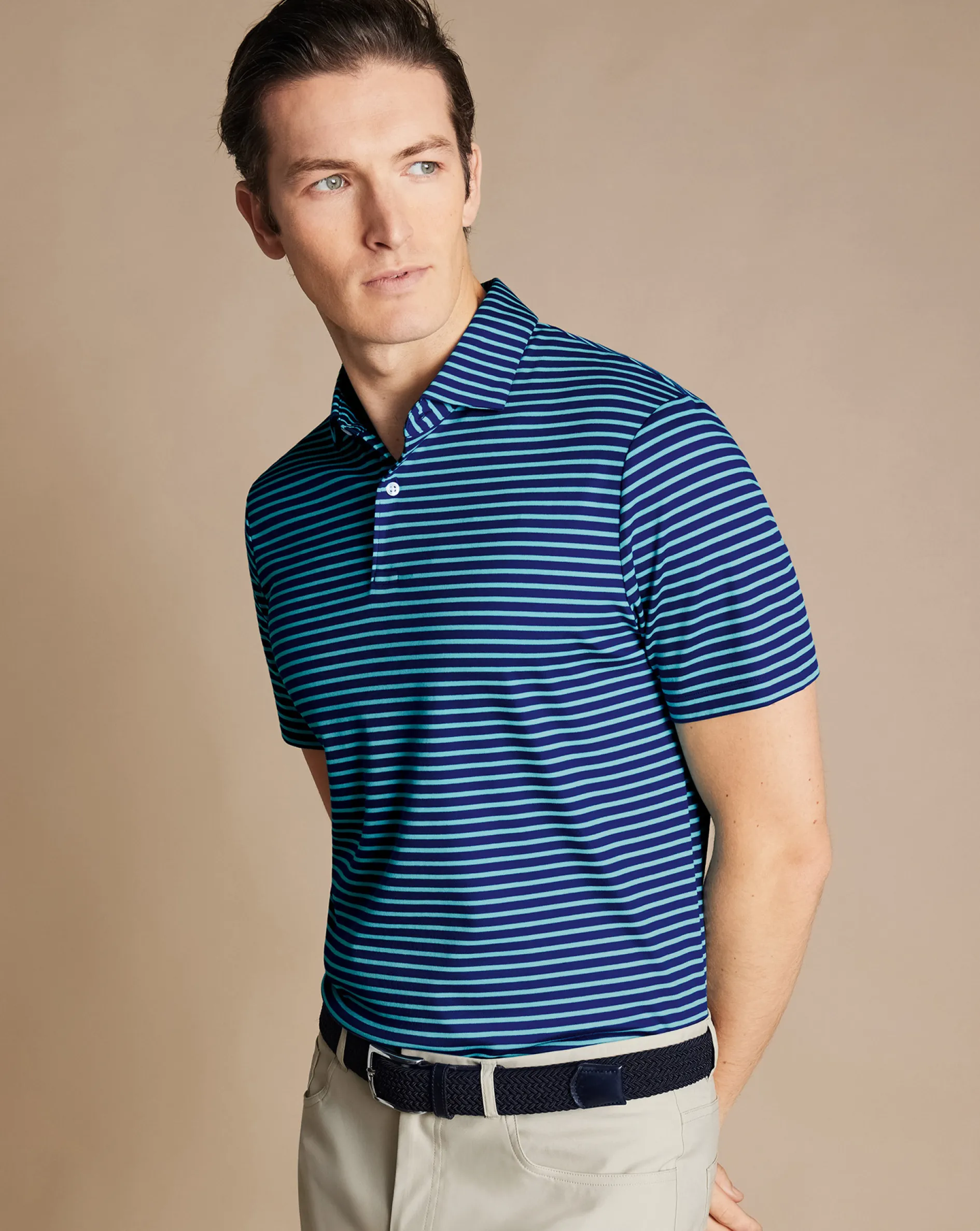 Sale Charles Tyrwhitt Smart Jersey Stripe Polo - Green Aqua