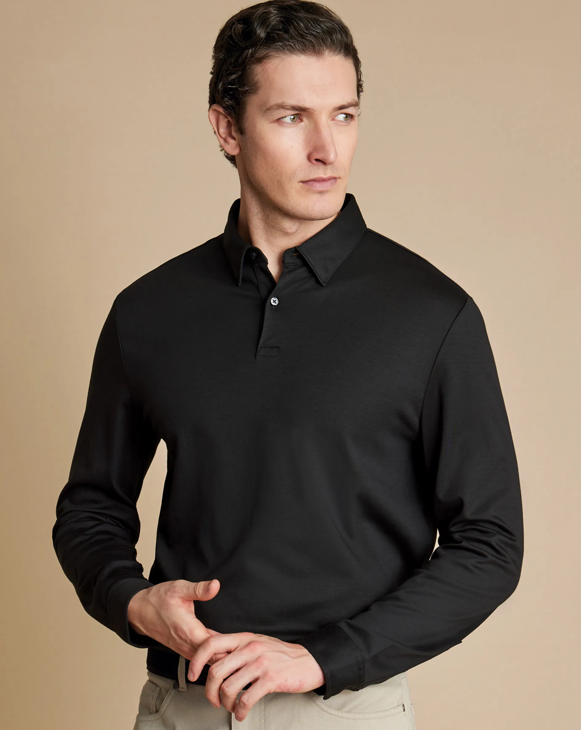 Fashion Charles Tyrwhitt Smart Long Sleeve Jersey Polo - Black