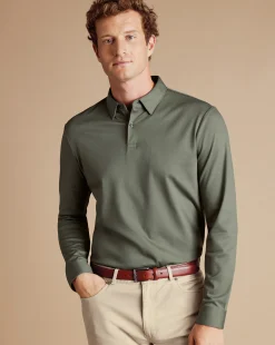New Charles Tyrwhitt Smart Long Sleeve Jersey Polo - Sage Green