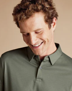 New Charles Tyrwhitt Smart Long Sleeve Jersey Polo - Sage Green