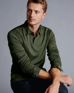 Fashion Charles Tyrwhitt Smart Long Sleeve Jersey Polo - Green Olive