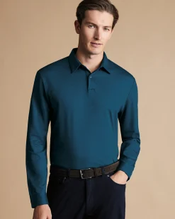 New Charles Tyrwhitt Smart Long Sleeve Jersey Polo - Blue Turquoise
