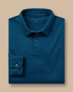 New Charles Tyrwhitt Smart Long Sleeve Jersey Polo - Blue Turquoise