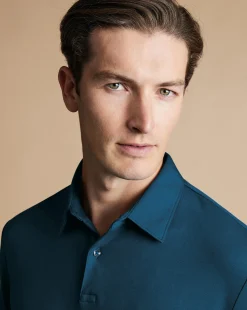 New Charles Tyrwhitt Smart Long Sleeve Jersey Polo - Blue Turquoise
