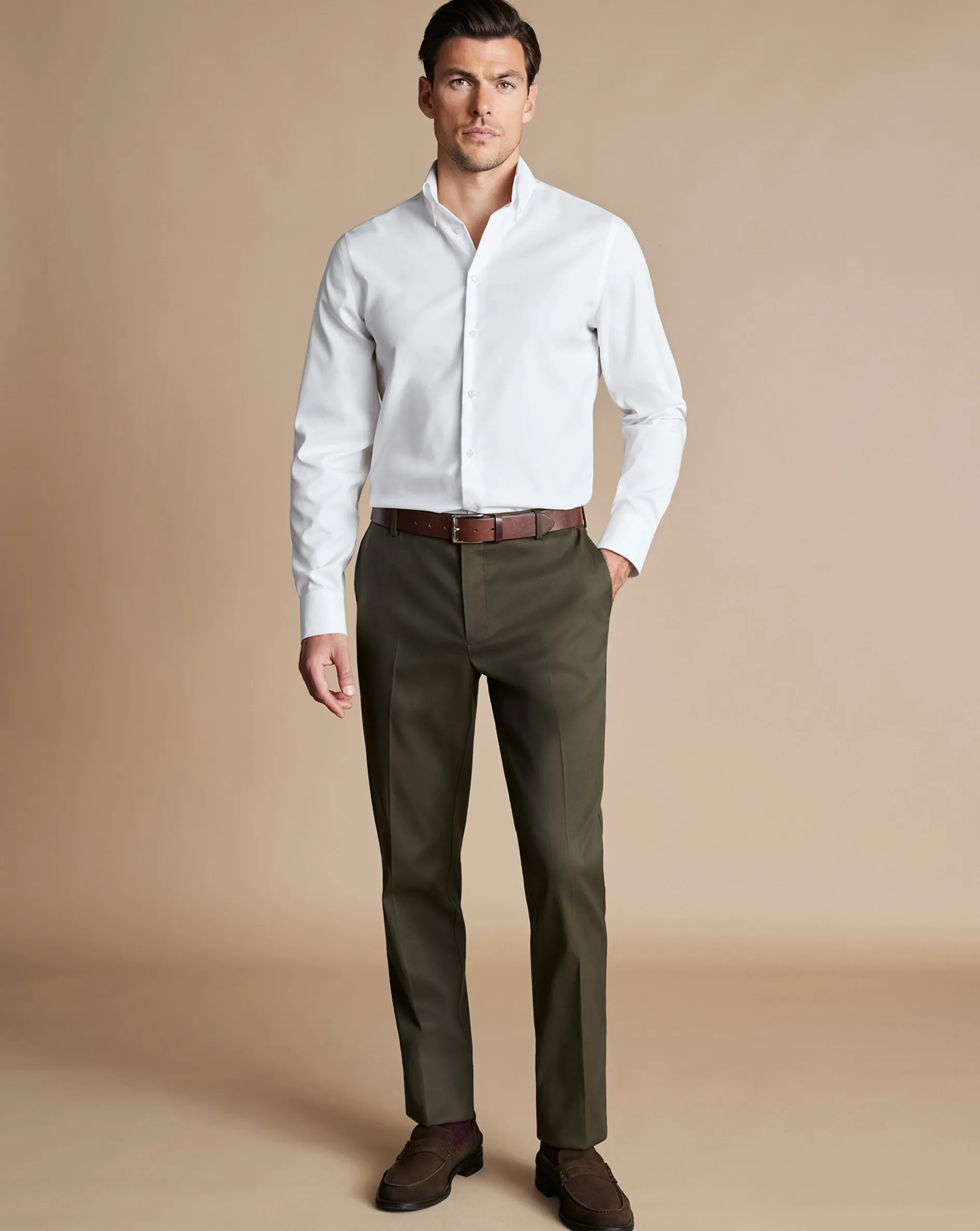 New Charles Tyrwhitt Smart Stretch Texture Pants - Green Olive