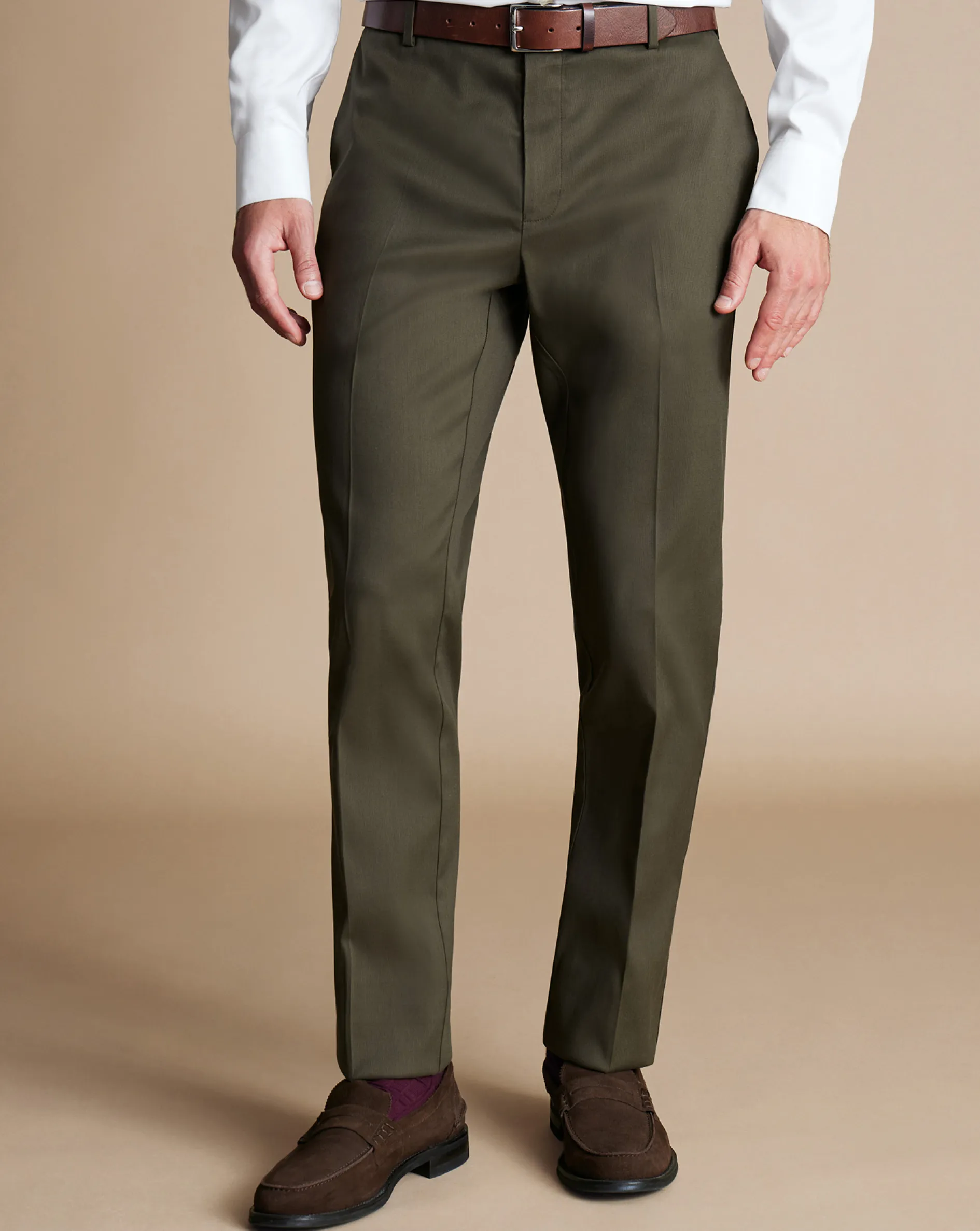 New Charles Tyrwhitt Smart Stretch Texture Pants - Green Olive