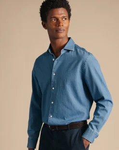 Cheap Charles Tyrwhitt Spread Collar Denim Shirt - Ocean Blue