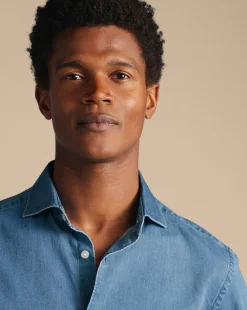 Cheap Charles Tyrwhitt Spread Collar Denim Shirt - Ocean Blue