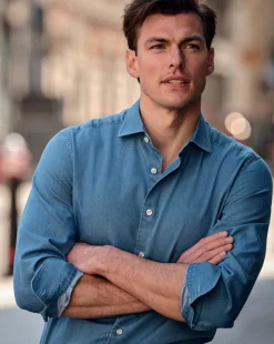Cheap Charles Tyrwhitt Spread Collar Denim Shirt - Ocean Blue