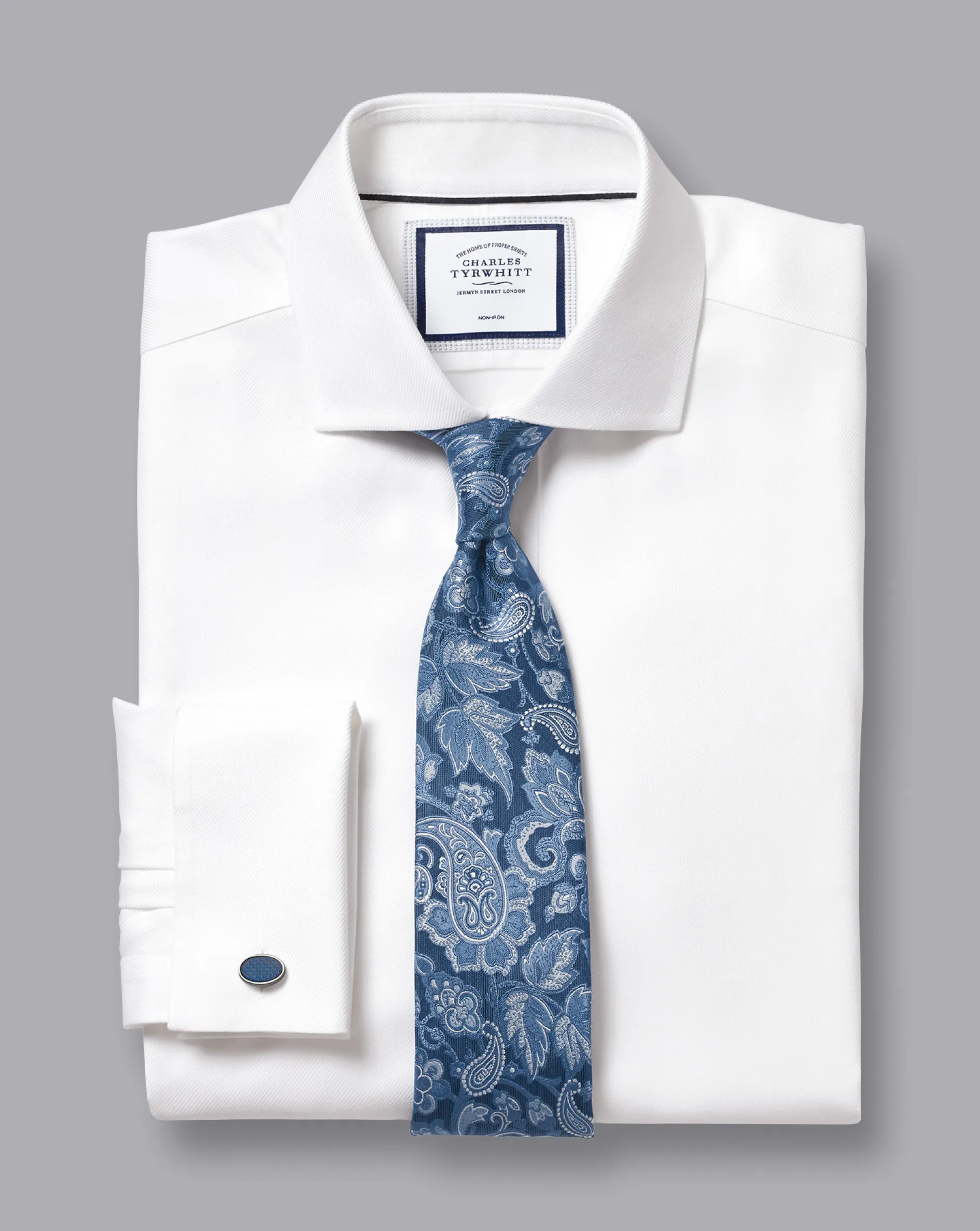 New Charles Tyrwhitt Spread Collar Non-Iron Cambridge Weave Shirt - White