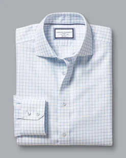 Cheap Charles Tyrwhitt Spread Collar Non-Iron Clifton Weave Check Shirt - Cornflower Blue