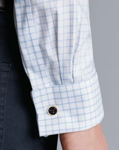 Cheap Charles Tyrwhitt Spread Collar Non-Iron Clifton Weave Check Shirt - Cornflower Blue