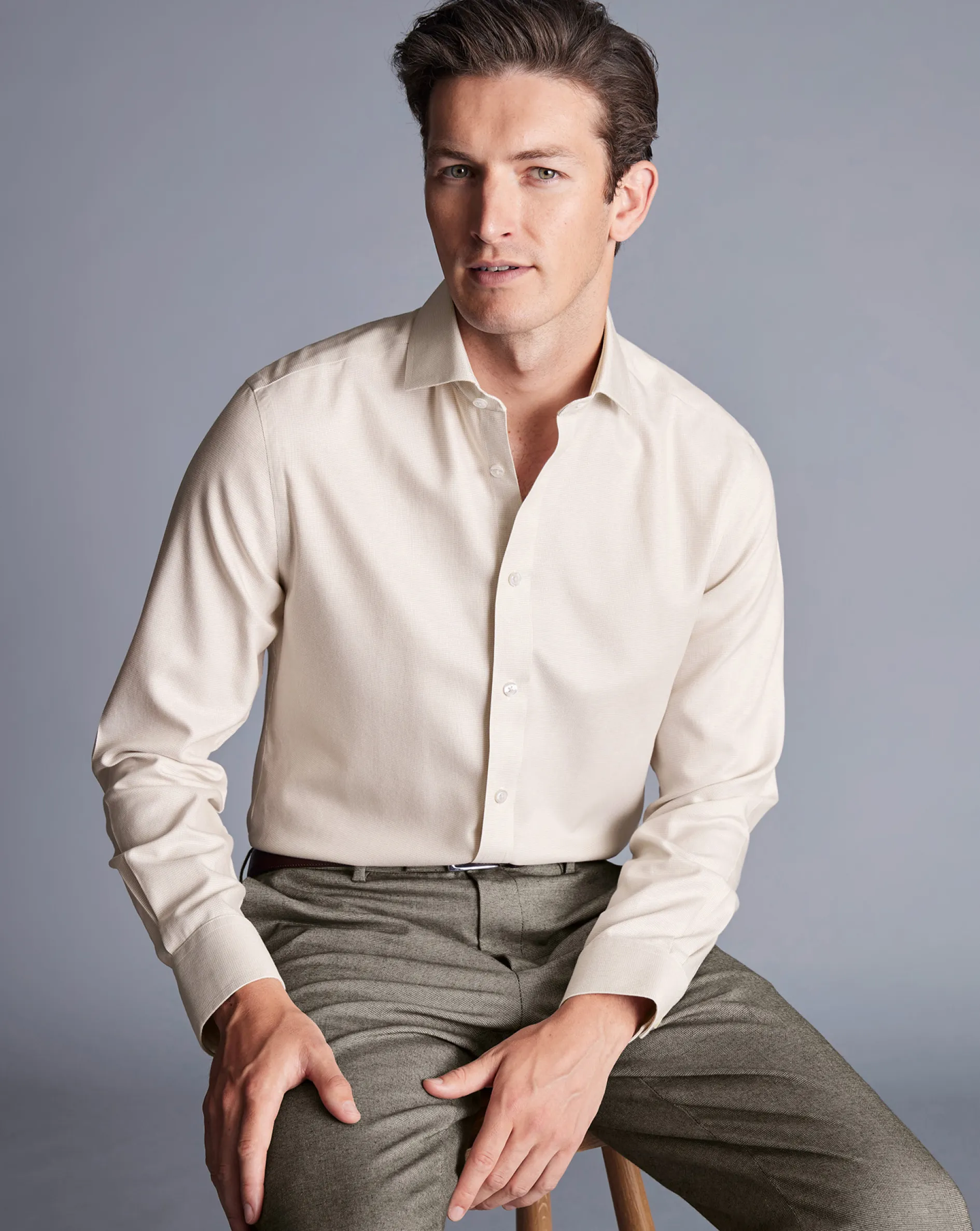 Fashion Charles Tyrwhitt Spread Collar Non-Iron Clifton Weave Shirt - Oatmeal