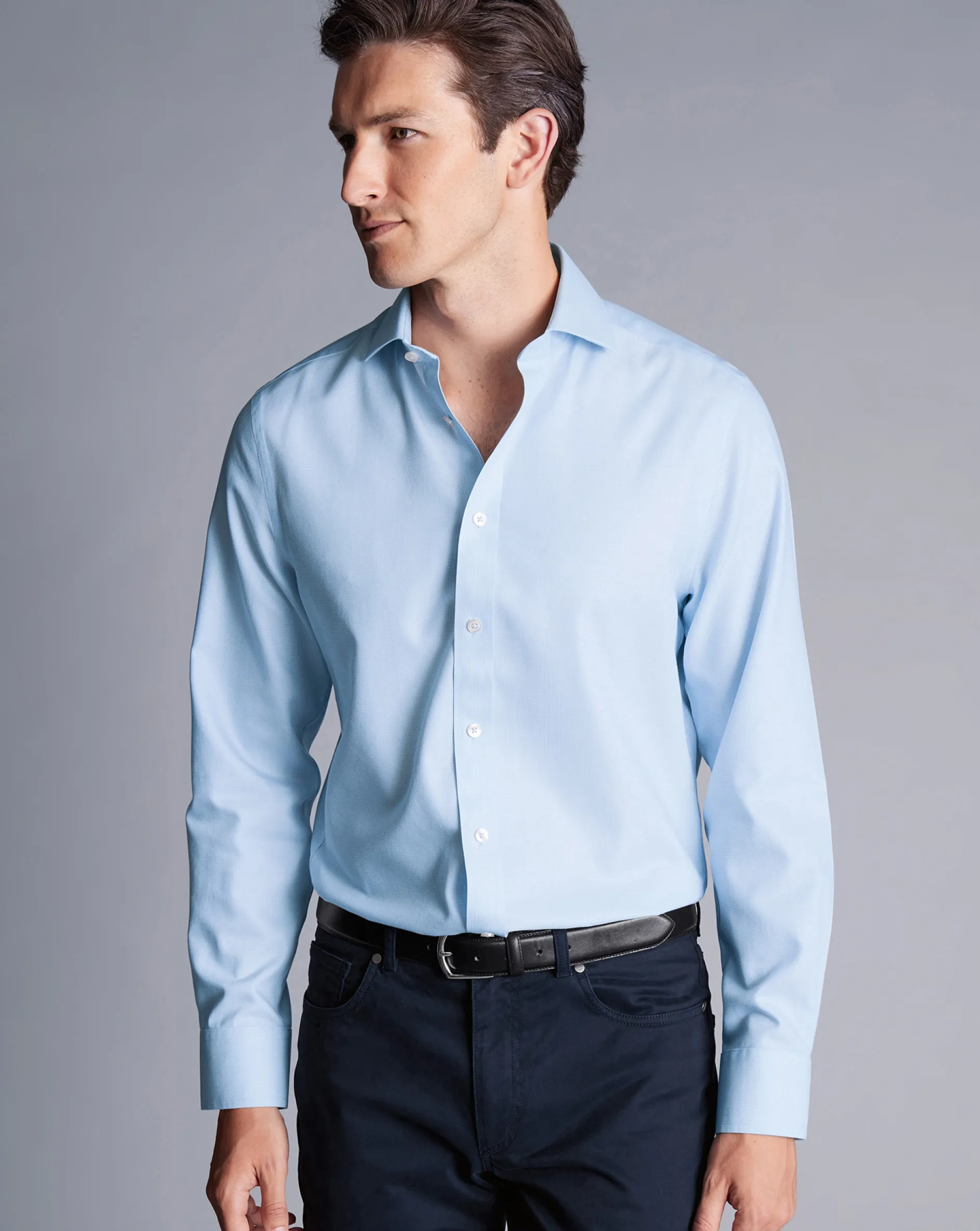 Online Charles Tyrwhitt Spread Collar Non-Iron Clifton Weave Shirt - Light Blue