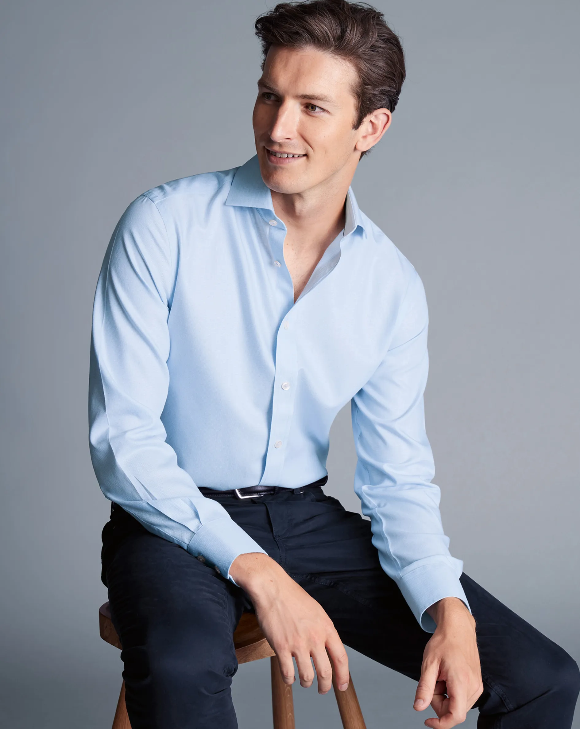 Online Charles Tyrwhitt Spread Collar Non-Iron Clifton Weave Shirt - Light Blue