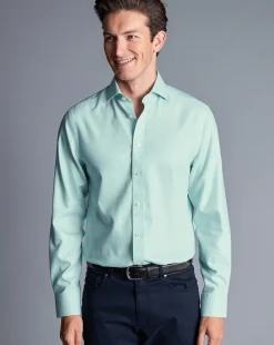 Cheap Charles Tyrwhitt Spread Collar Non-Iron Clifton Weave Shirt - Green Aqua