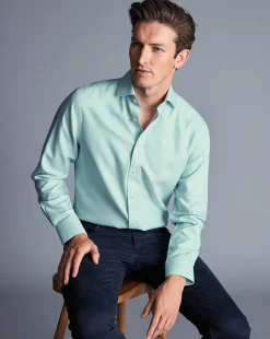 Cheap Charles Tyrwhitt Spread Collar Non-Iron Clifton Weave Shirt - Green Aqua