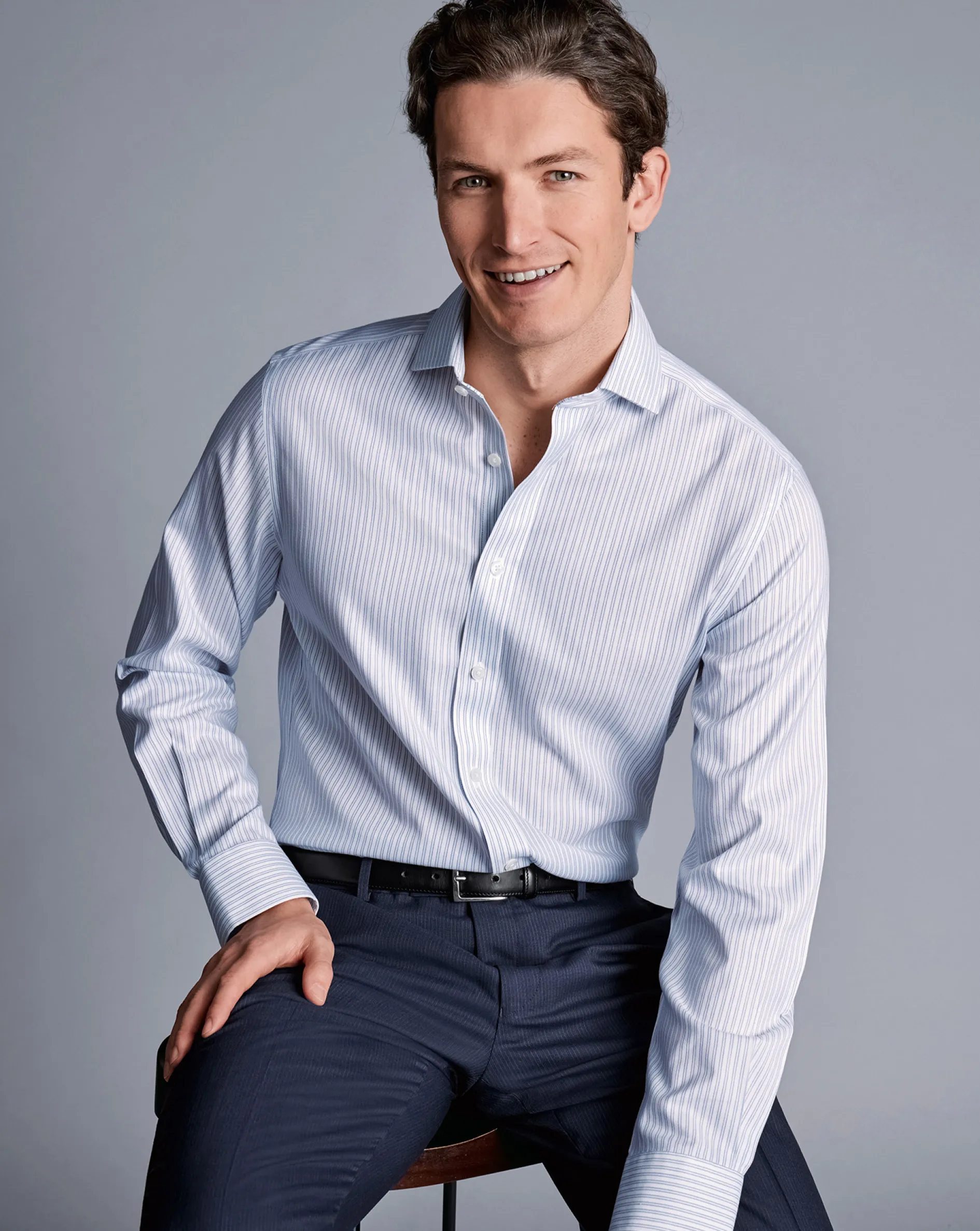 Online Charles Tyrwhitt Spread Collar Non-Iron Double Stripe Shirt - Blue Royal
