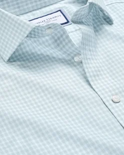 Clearance Charles Tyrwhitt Spread Collar Non-Iron Double Check Shirt - Pale Teal Green
