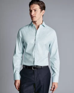Clearance Charles Tyrwhitt Spread Collar Non-Iron Double Check Shirt - Pale Teal Green