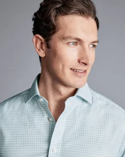 Clearance Charles Tyrwhitt Spread Collar Non-Iron Double Check Shirt - Pale Teal Green