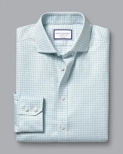 Clearance Charles Tyrwhitt Spread Collar Non-Iron Double Check Shirt - Pale Teal Green