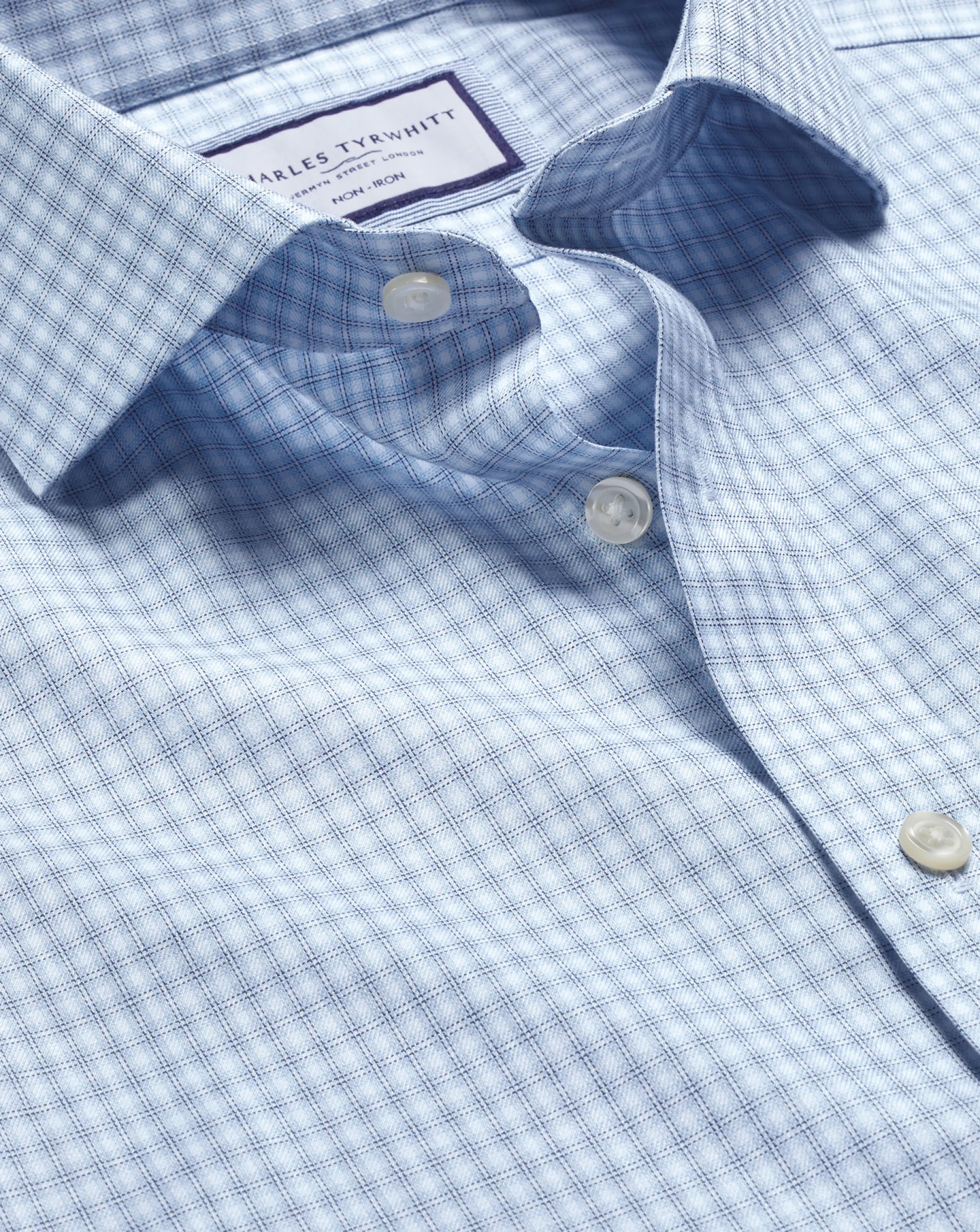Cheap Charles Tyrwhitt Spread Collar Non-Iron Double Check Shirt - Blue Sky