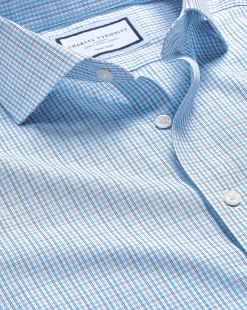 Hot Charles Tyrwhitt Spread Collar Non-Iron Fine Line Check Shirt - Ocean Blue
