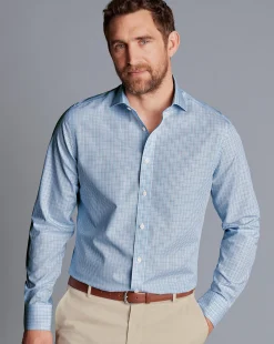Hot Charles Tyrwhitt Spread Collar Non-Iron Fine Line Check Shirt - Ocean Blue